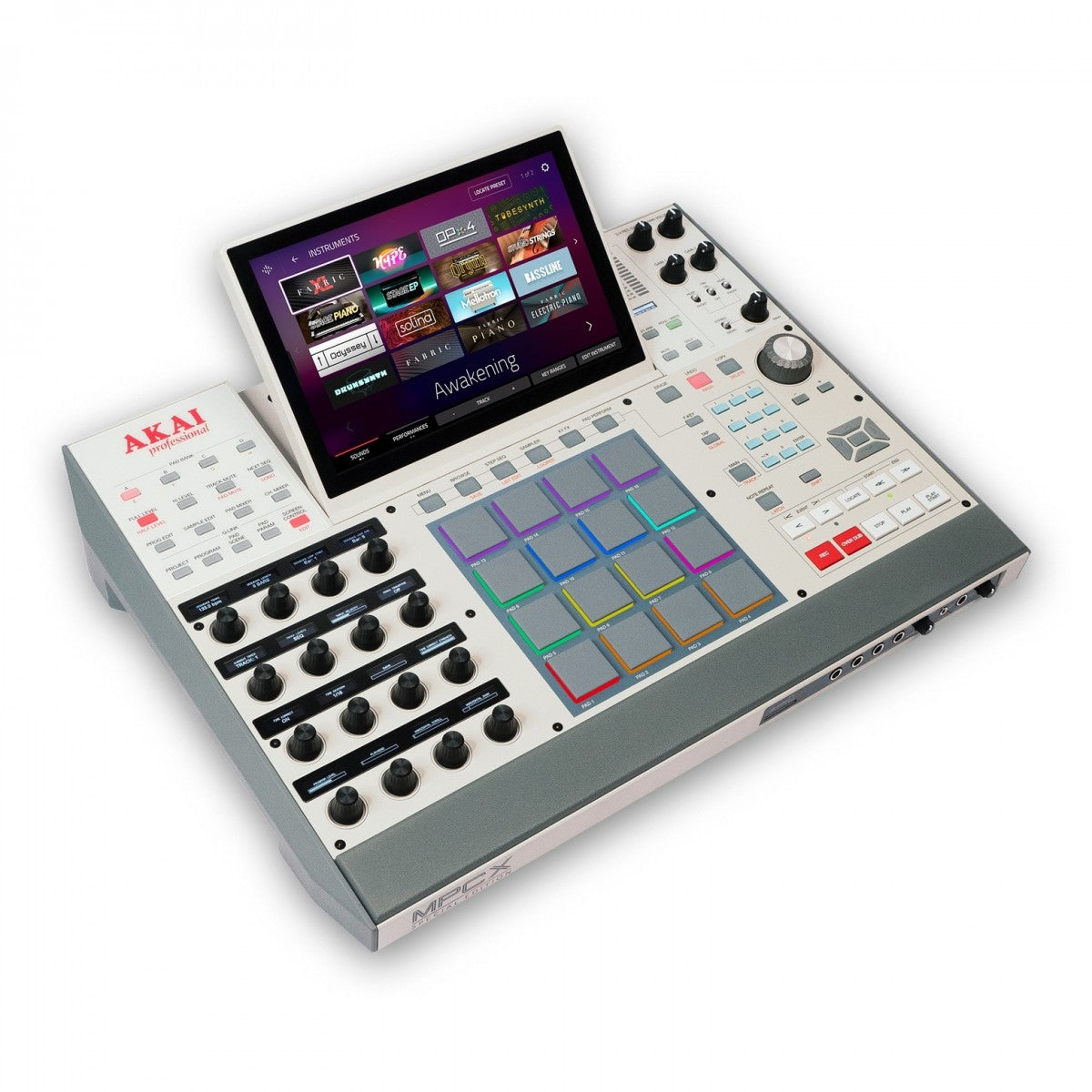 Digital audio workstation with touchscreen interface on a white background