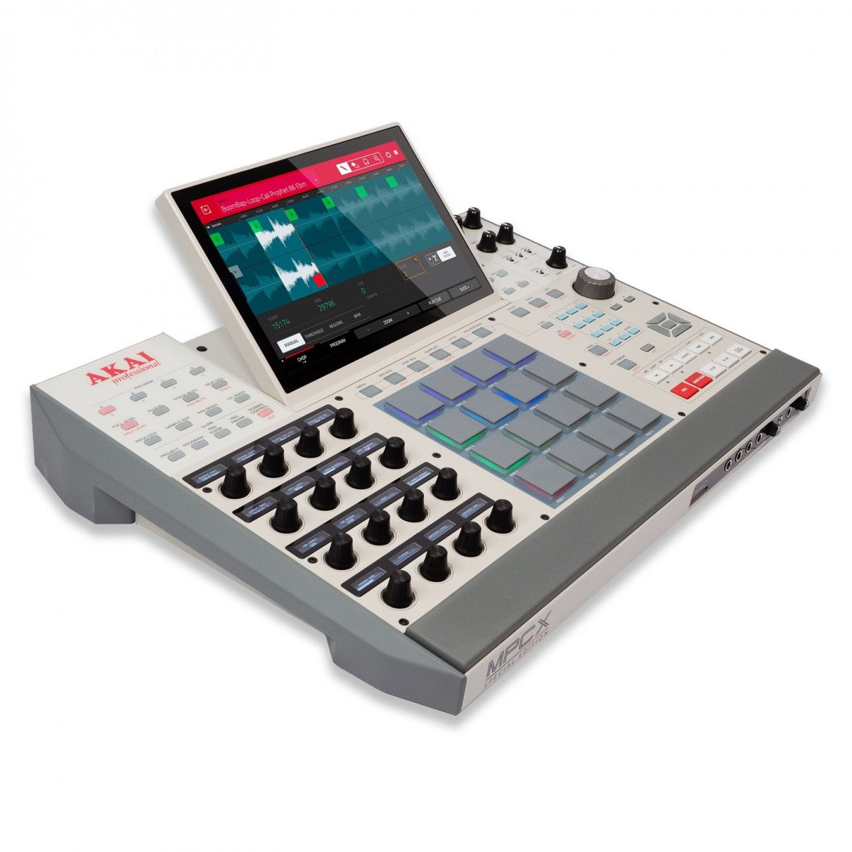Akai MPC X music production controller with screen on a white background
