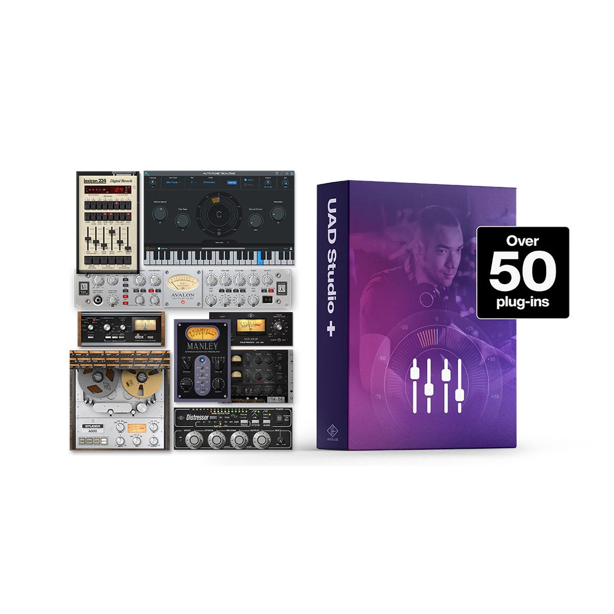 UAD Studio+ software package with audio interface graphics on a white background