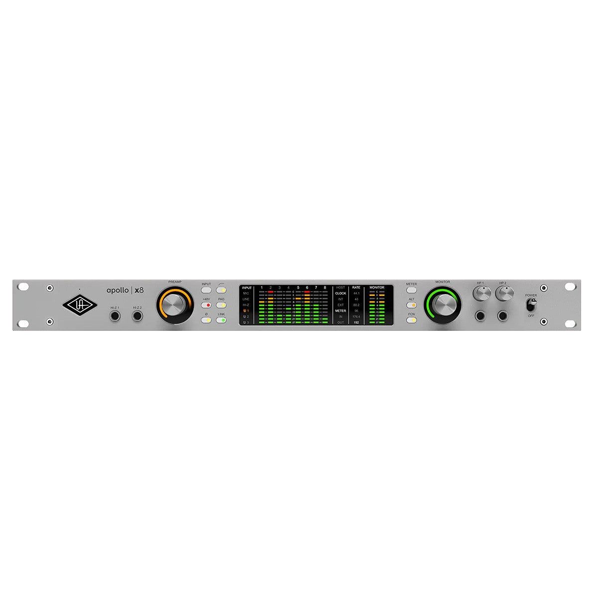 Audio interface with 'Apollo X8' branding on a white background