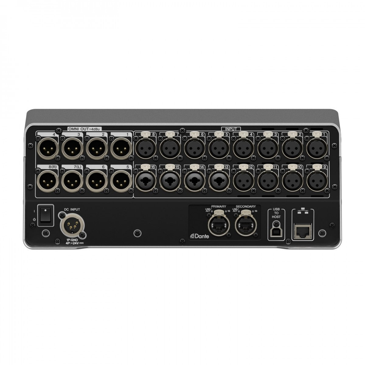 Back panel of a audio interface with multiple connectors on a white background