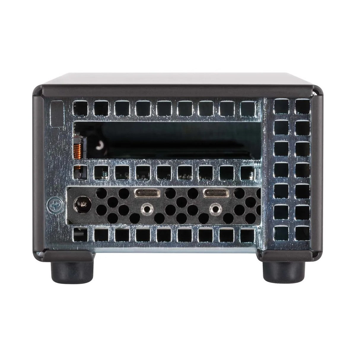 Back view of a small electronic device with ports on a white background