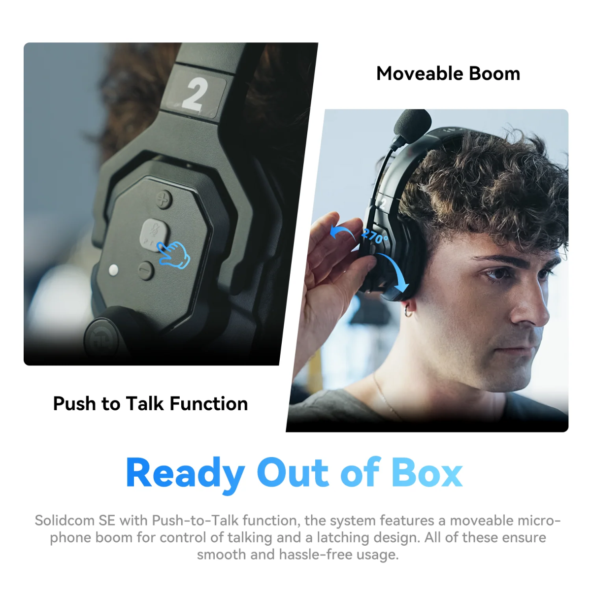 Solidcom SE headset with push-to-talk function and moveable microphone boom, featuring a man wearing the headset.