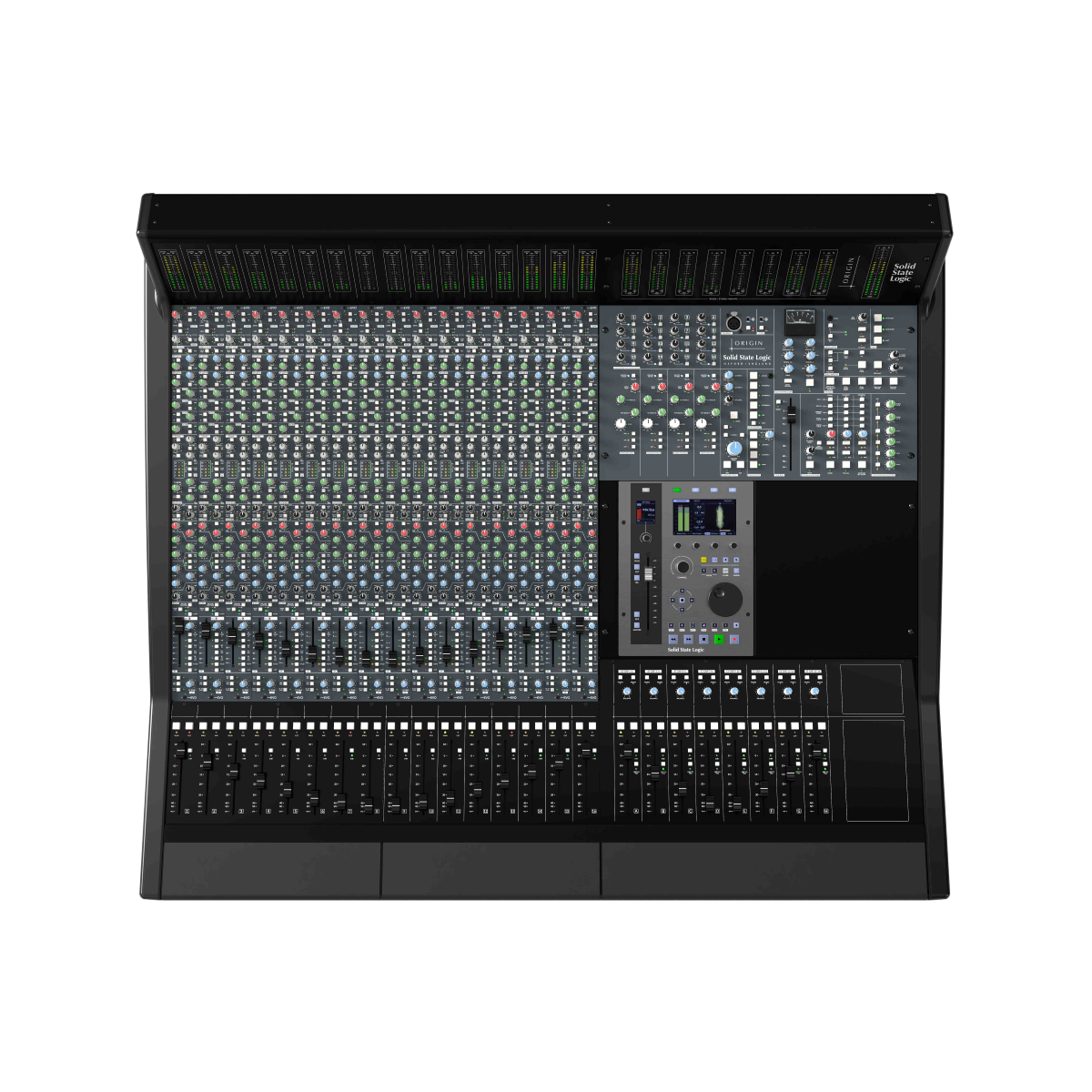 Large audio mixing console with UF1 DAW Controller on a white background