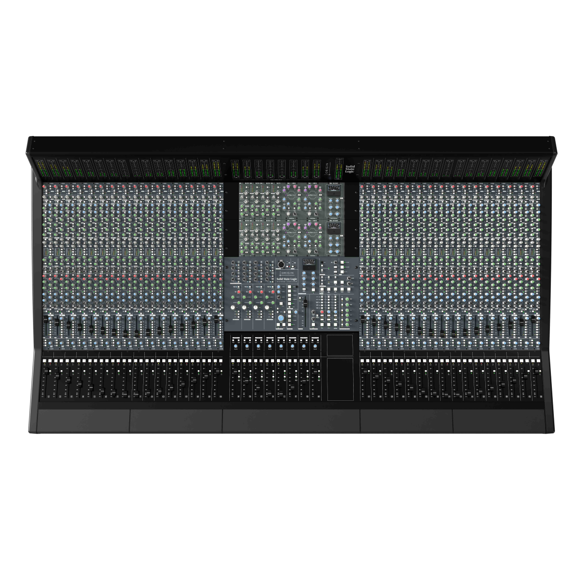 Large audio mixing console with 500 Series Rack Centre Section