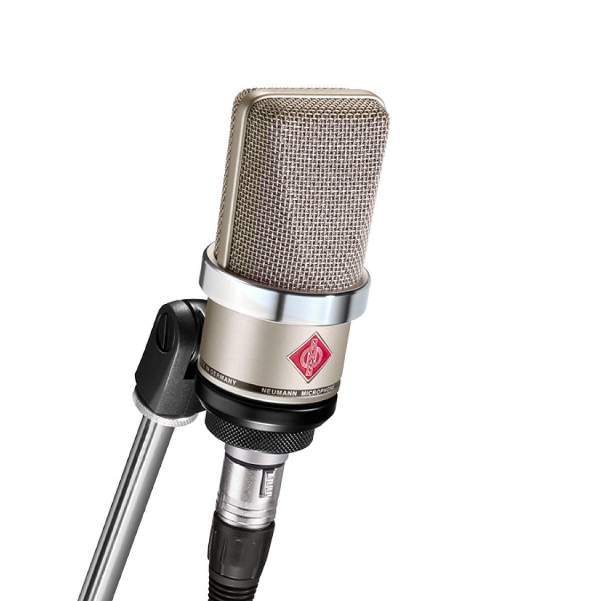 Condenser microphone on a stand with a white background