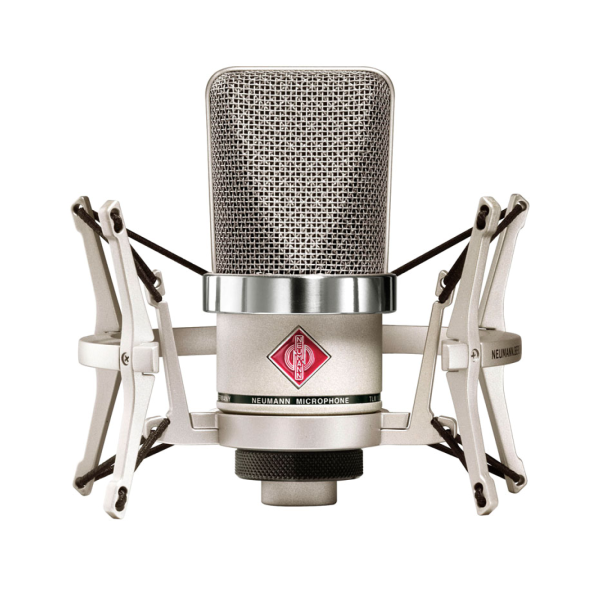 Condenser microphone with metal mesh on a white background