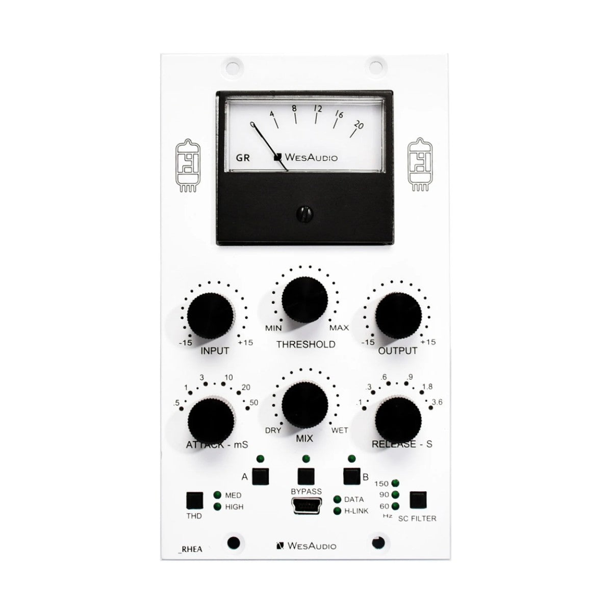 A white and black WesAudio RHEA audio processor module with multiple rotary knobs and switches on a clean white background.