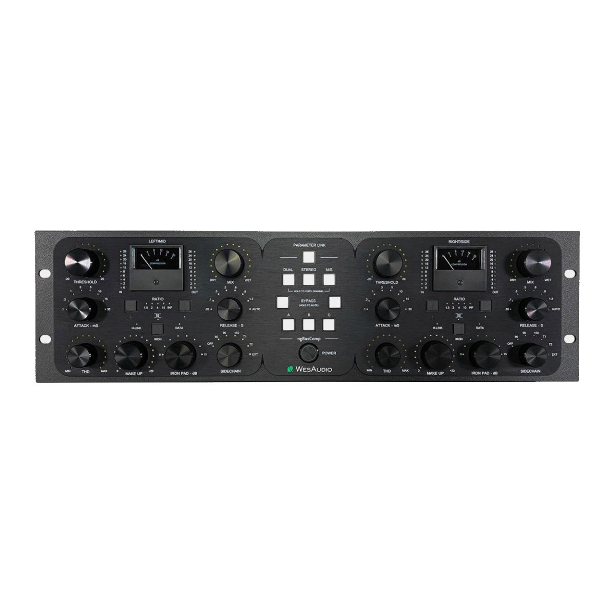 A black rack-mount audio mixer console with multiple rotary knobs, switches, and two analog VU meters, shown against a plain white background.