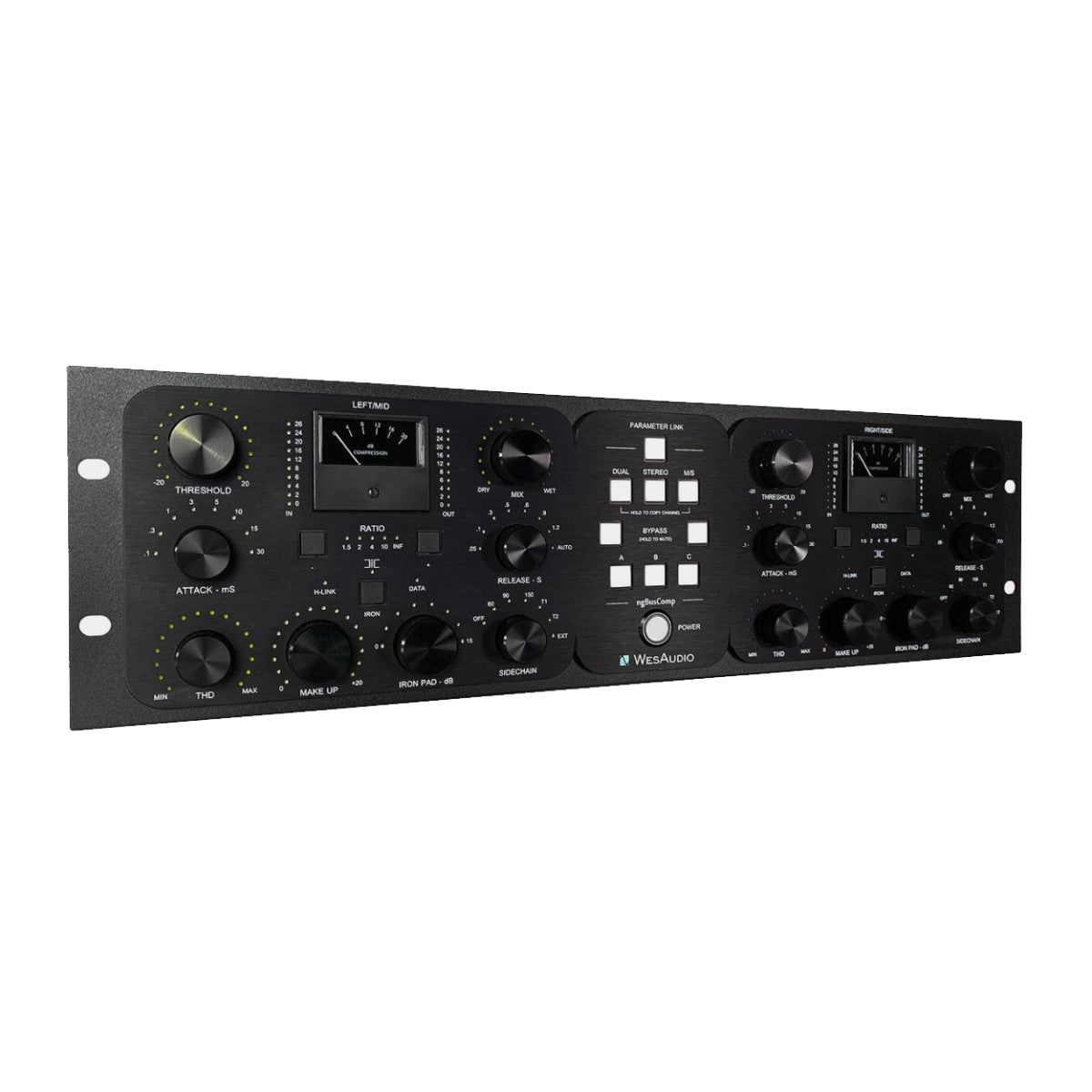 A WeakAudio rack-mount audio processor unit with multiple black rotary knobs, white labels, and a small analog meter, shown on a plain white background.