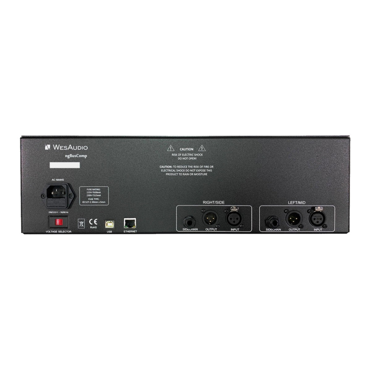 The rear panel of a WeAudio lightBass digital speaker, showing input jacks, power supply, and Ethernet port on a solid white background.
