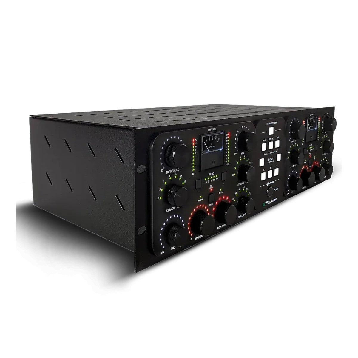 A black rack-mount audio amplifier or signal processor unit with multiple front-panel controls, knobs, switches, and indicator lights, photographed on a white background.