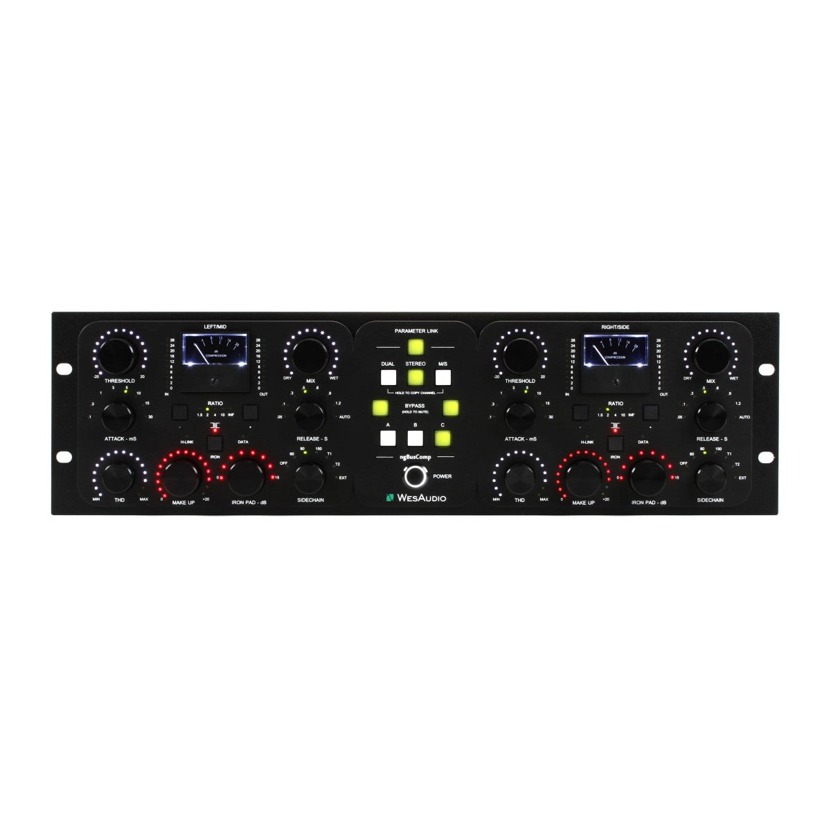 WebAudio 2-channel audio power amplifier module with black faceplate, rotary knobs, illuminated indicator lights, and two blue VU meters, shown on a plain white background.