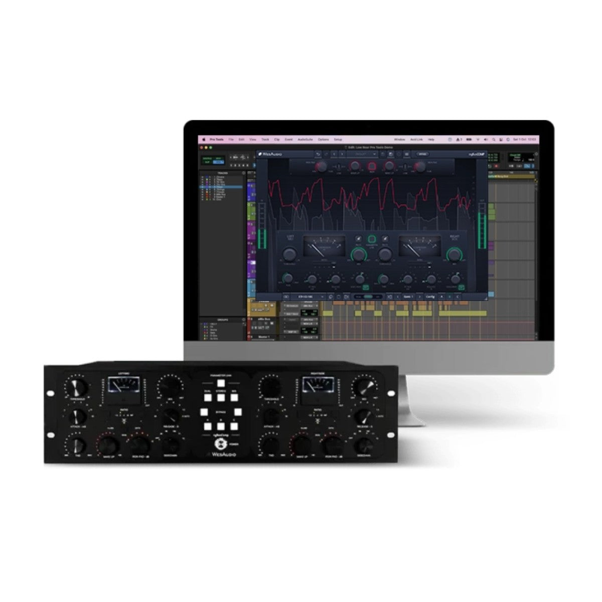 A black audio interface rack unit shown in front of a computer monitor displaying a digital audio workstation interface, on a clean white background.