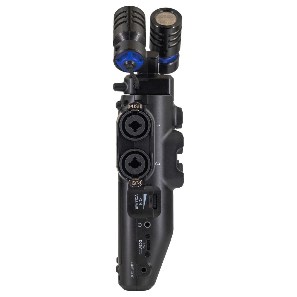 Black underwater camera housing with multiple ports on a white background