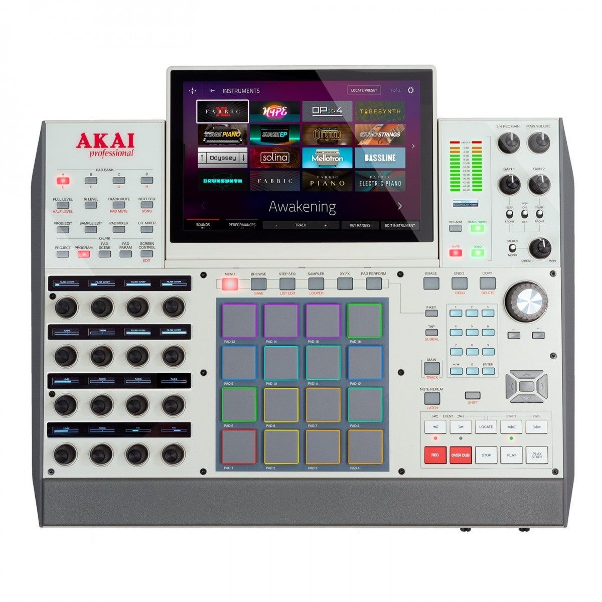 Akai professional music production controller with display on a white background