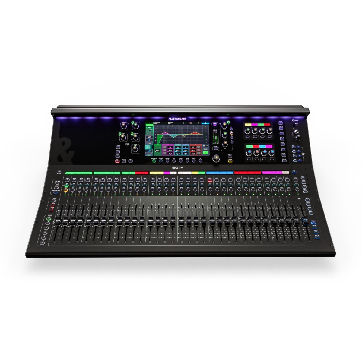 Large Allen & Heath SQ7+ audio mixing console with digital display on a white background
