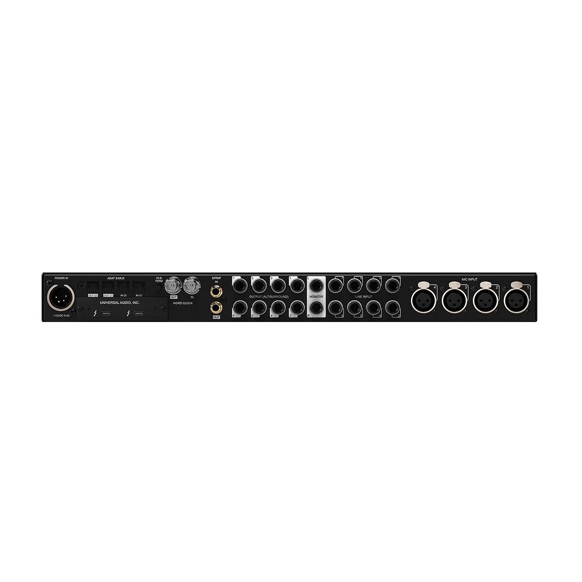Black audio interface with multiple inputs and outputs on a white background