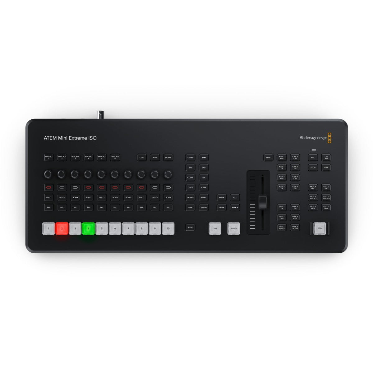 Black video switcher controller with multiple buttons on a white background