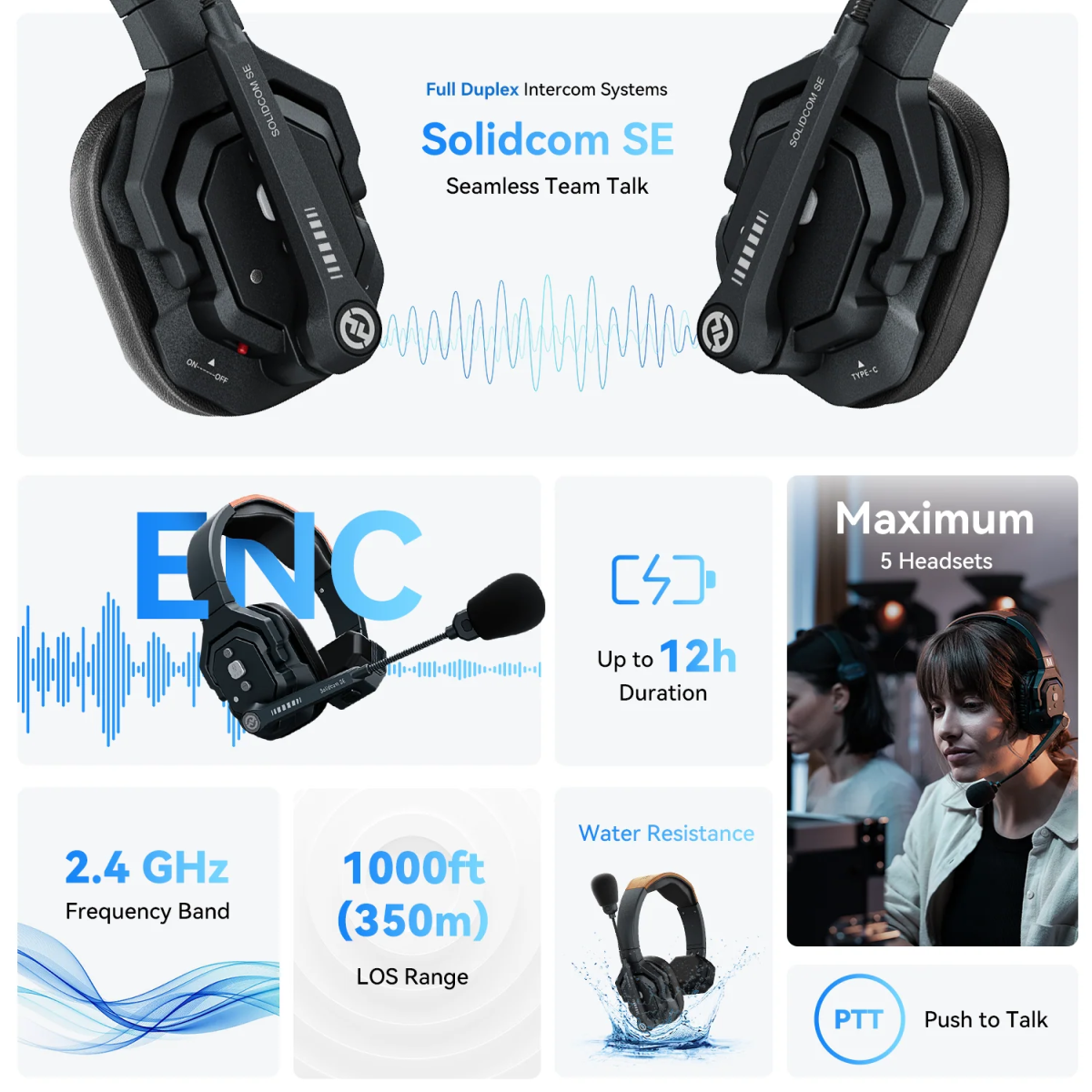 Solidcom SE intercom system headphones with features highlighted on a white background