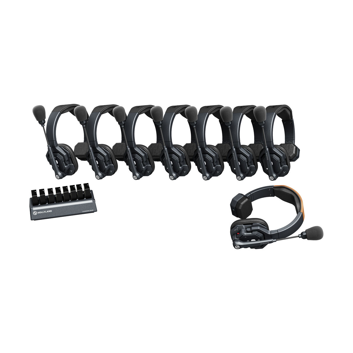 Set of black communication headsets with a charging station on a white background