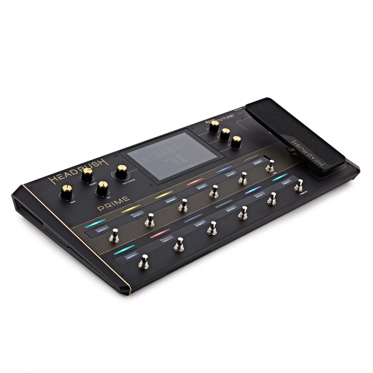 Black guitar effects pedal with 'HEADRUSH' branding on a white background