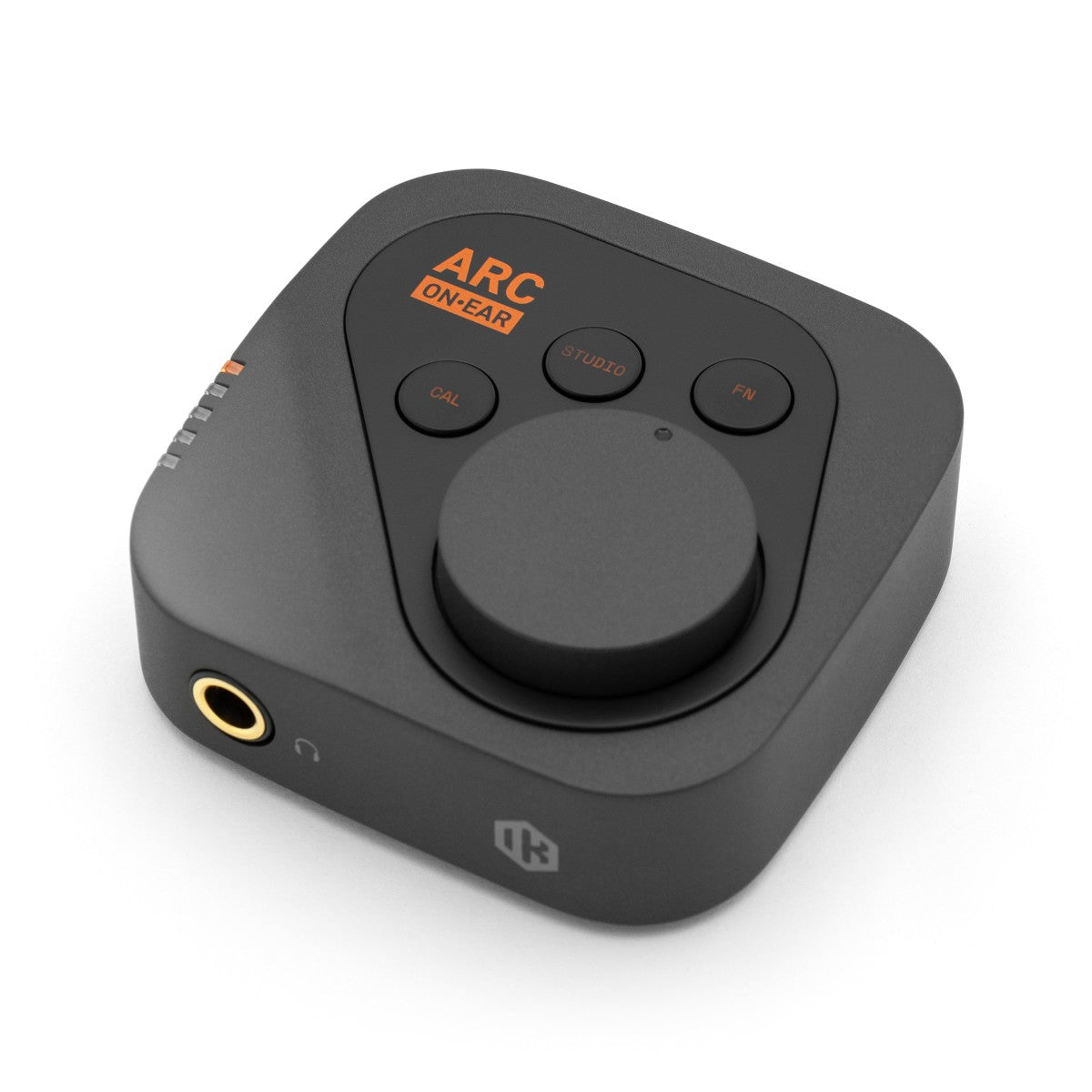 Black audio control device with buttons and a headphone jack on a white background