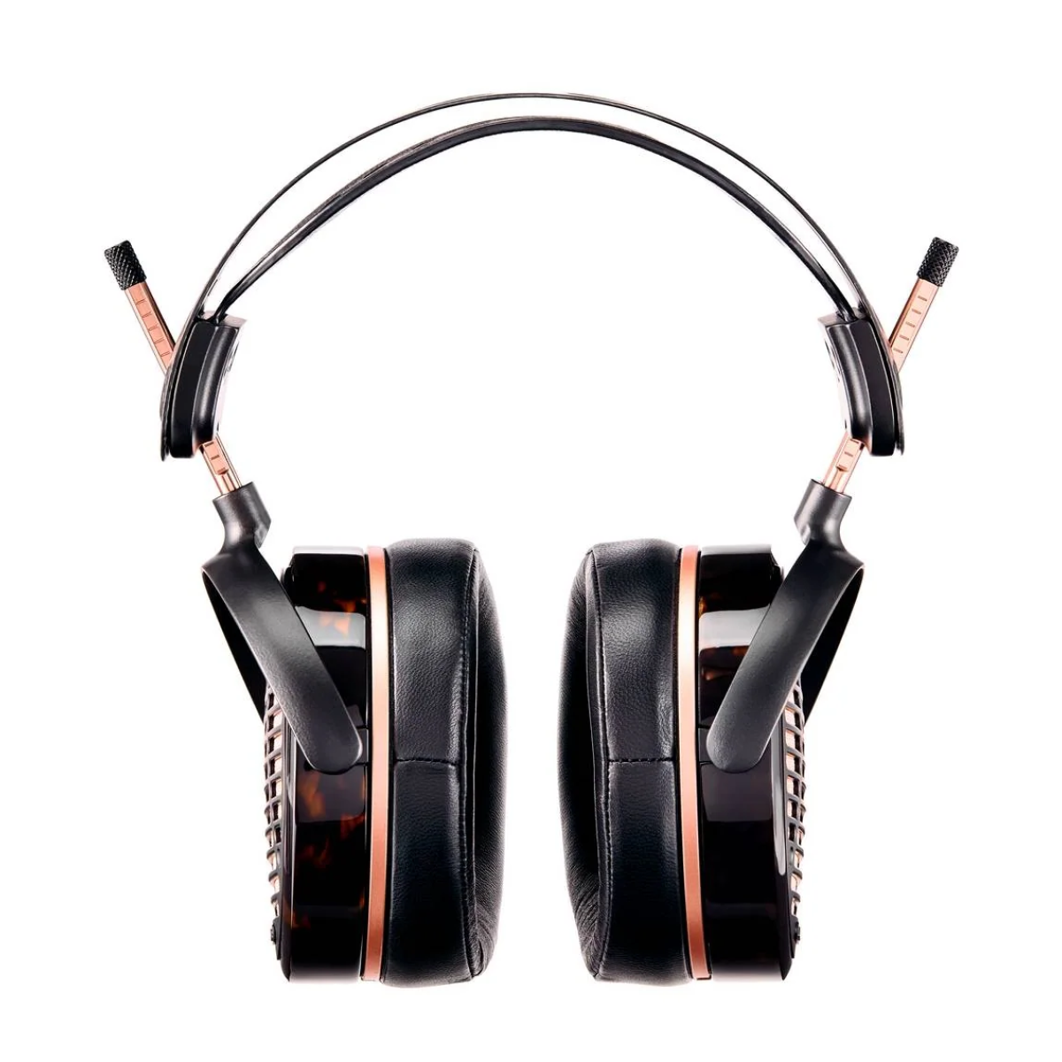 Black over-ear headphones with rose gold accents on a white background