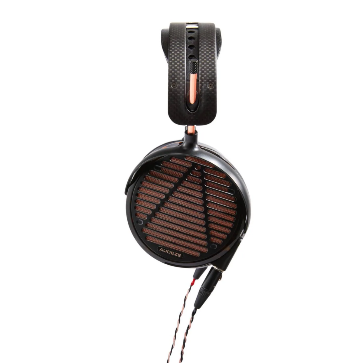 Black headphones with a visible brand logo on a white background