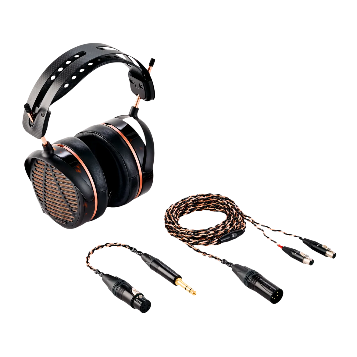 Pair of black headphones with multiple cables on a white background