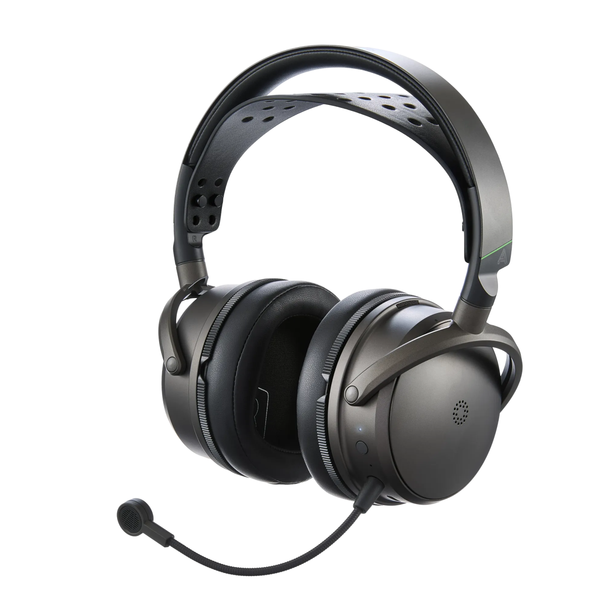 Black gaming headset with microphone on a white background