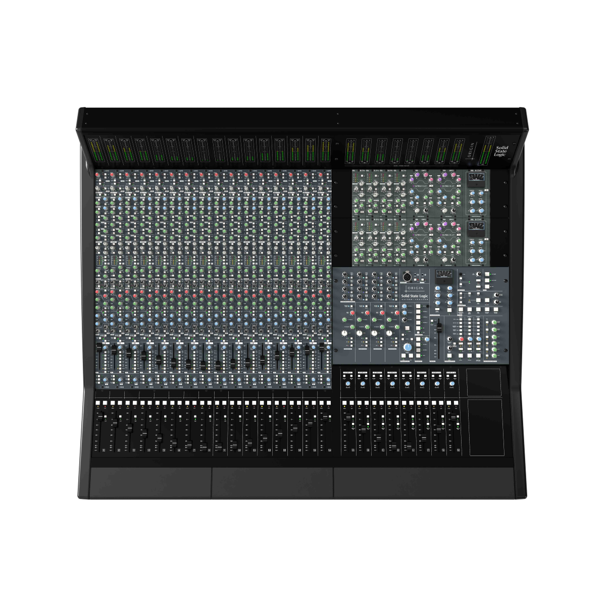 Large audio mixing console with 500 Series Centre and various controls on a white background