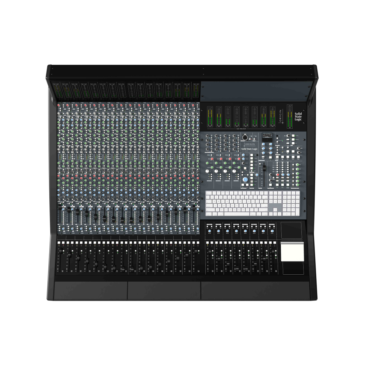 Large audio mixing console with ALT Meter Configuration on a white background