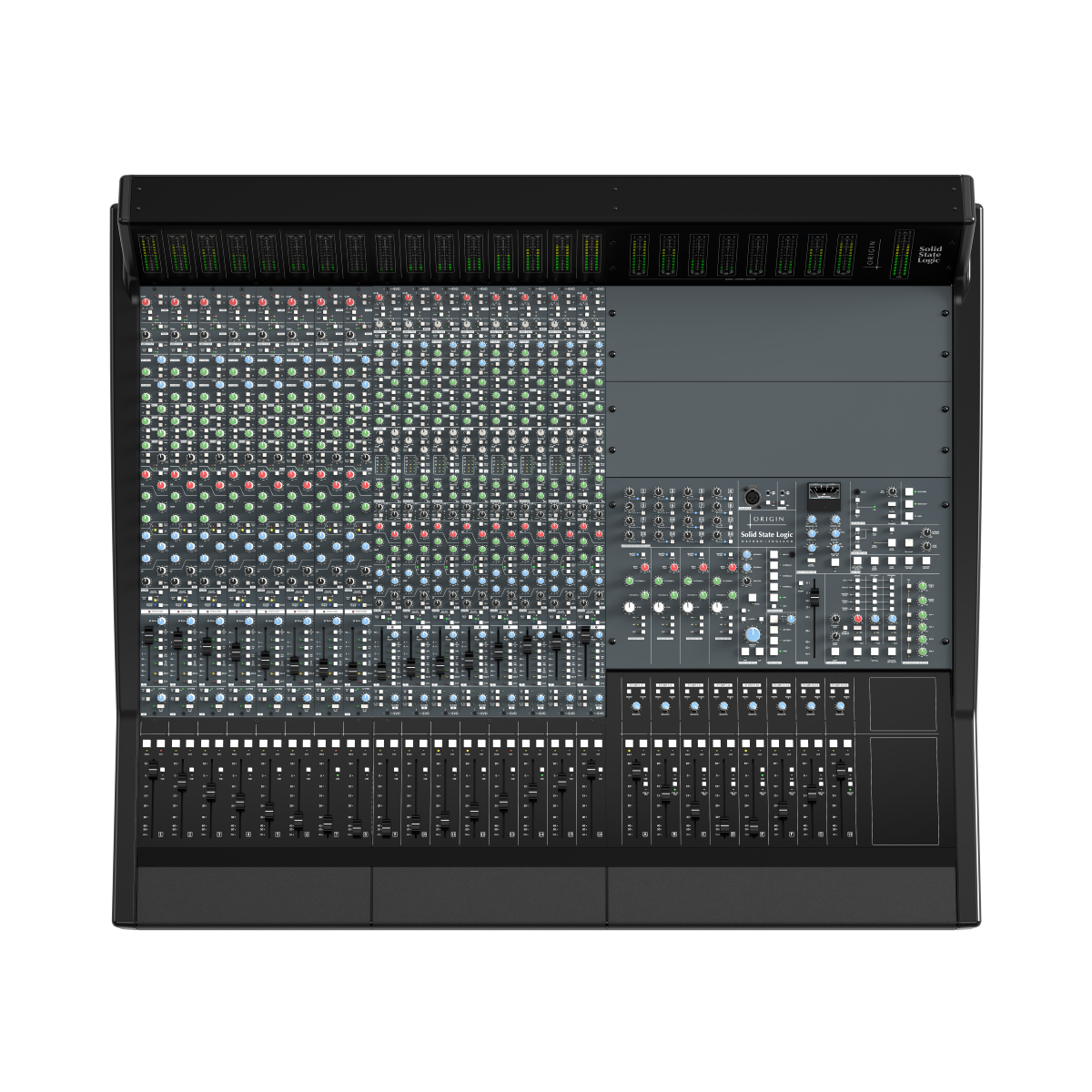 Large audio mixing console with various controls on a white background - Standard 16 Channels