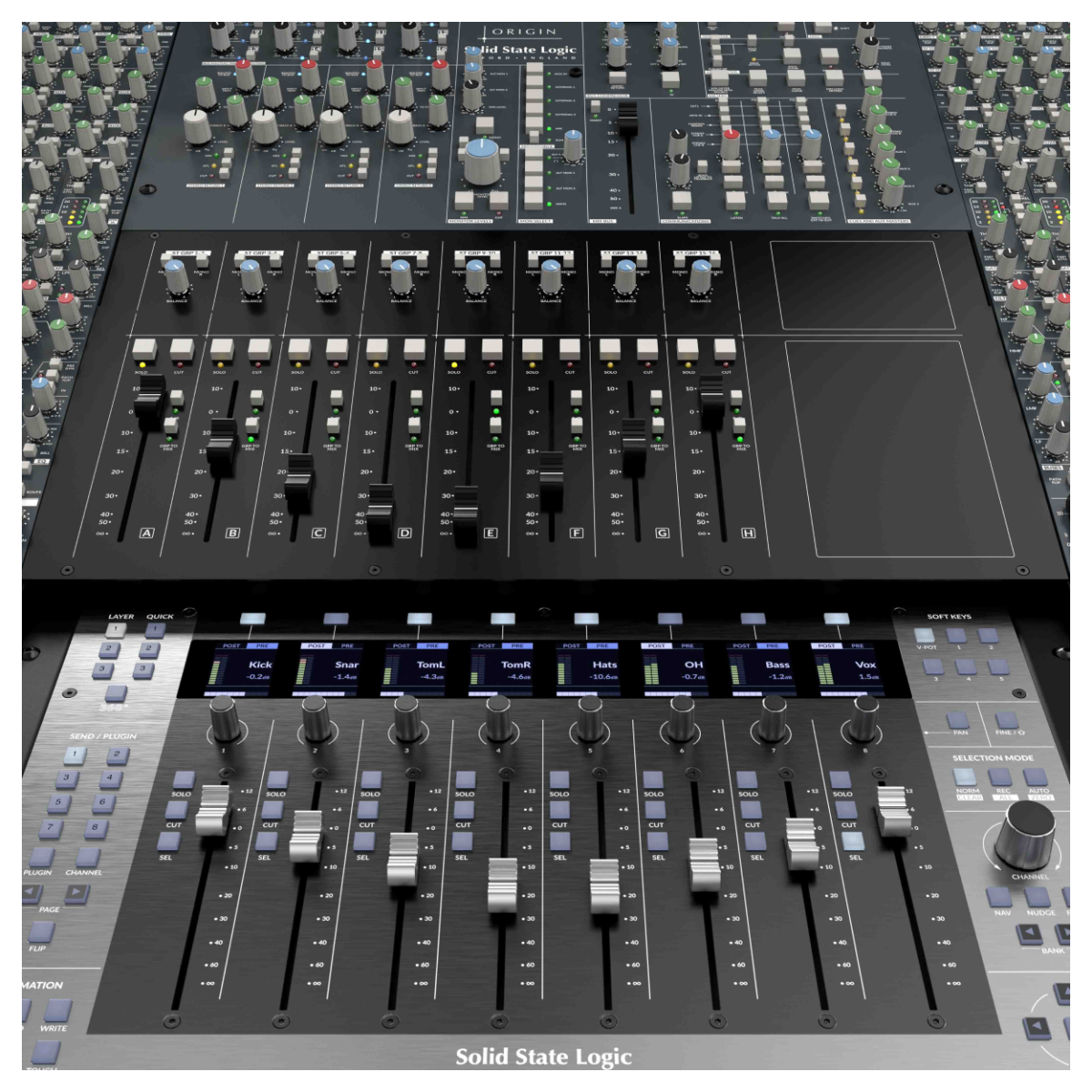 Two mixing consoles with various controls and displays, featuring the Solid State Logic logo.