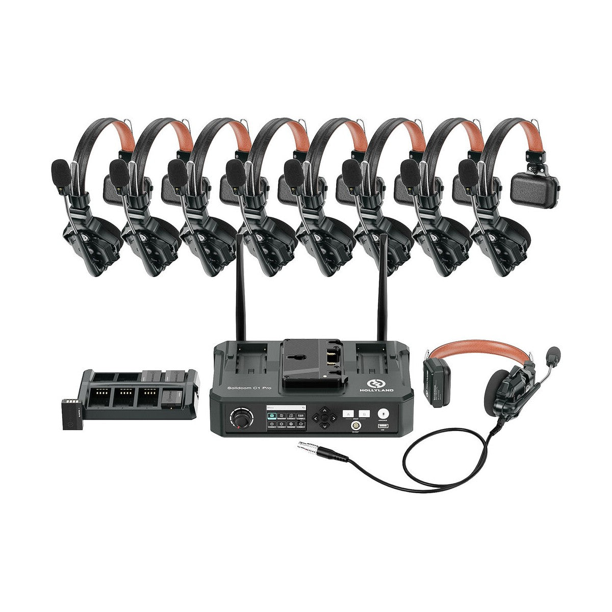 Set of wireless headsets with receiver and transmitter on a white background