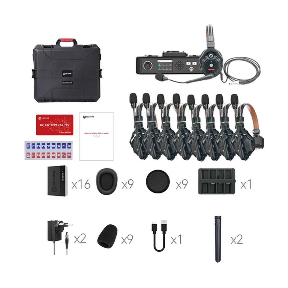 Collection of audio equipment including microphones, transmitter, and case on a white background