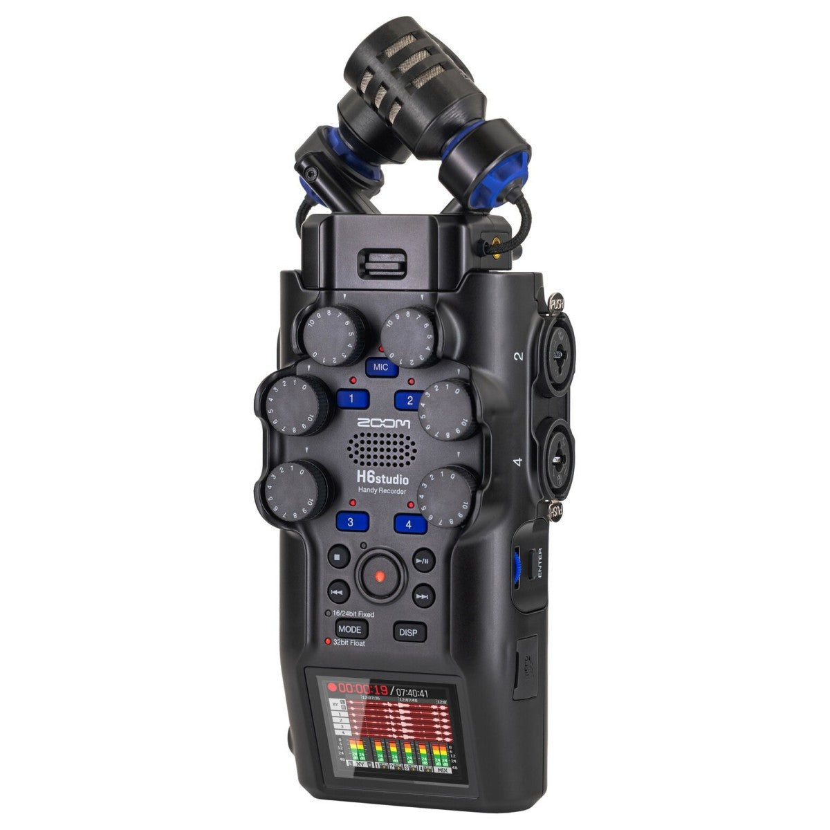 Black audio recorder with microphone on a white background