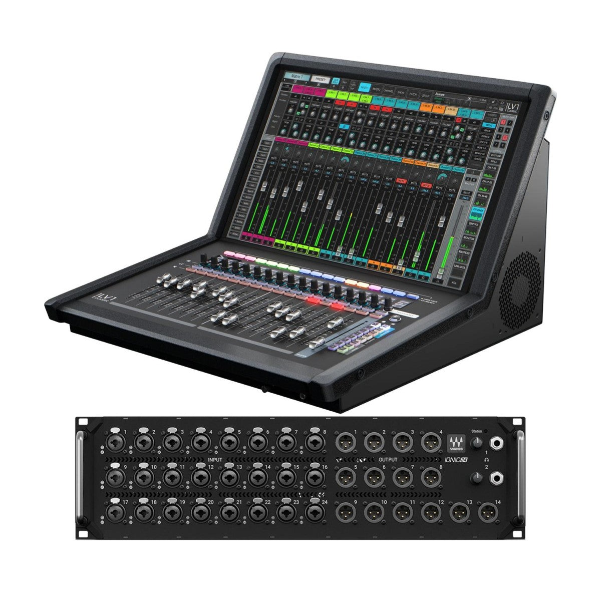 Digital audio mixing console with control panel and rackmount unit on a white background