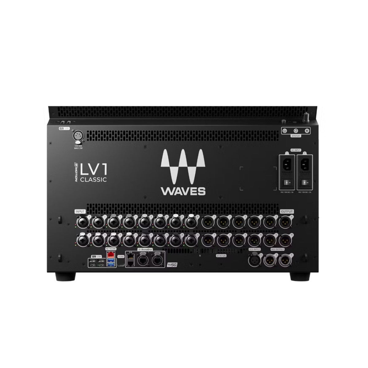 Back view of a Waves audio processing unit with multiple connectors on a white background